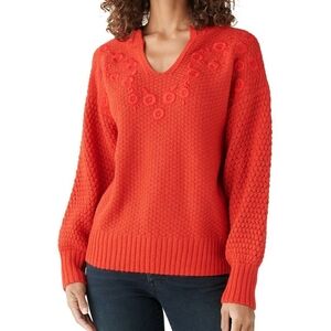 NEW Lucky Brand Floral Embroidered Notch-Neck Sweater, Size XL